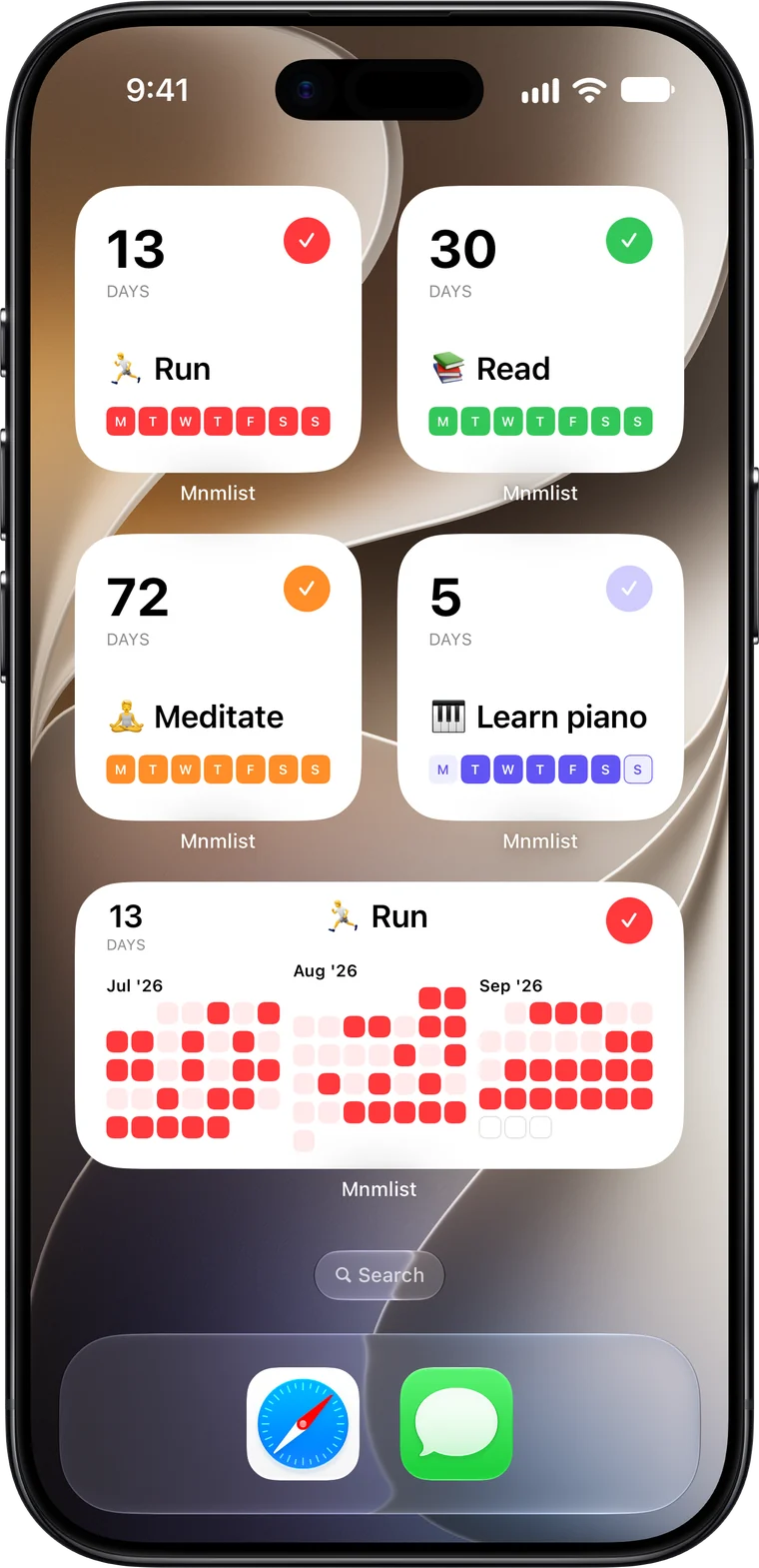 Home Screen widgets showing habits as weeks, months and a year.