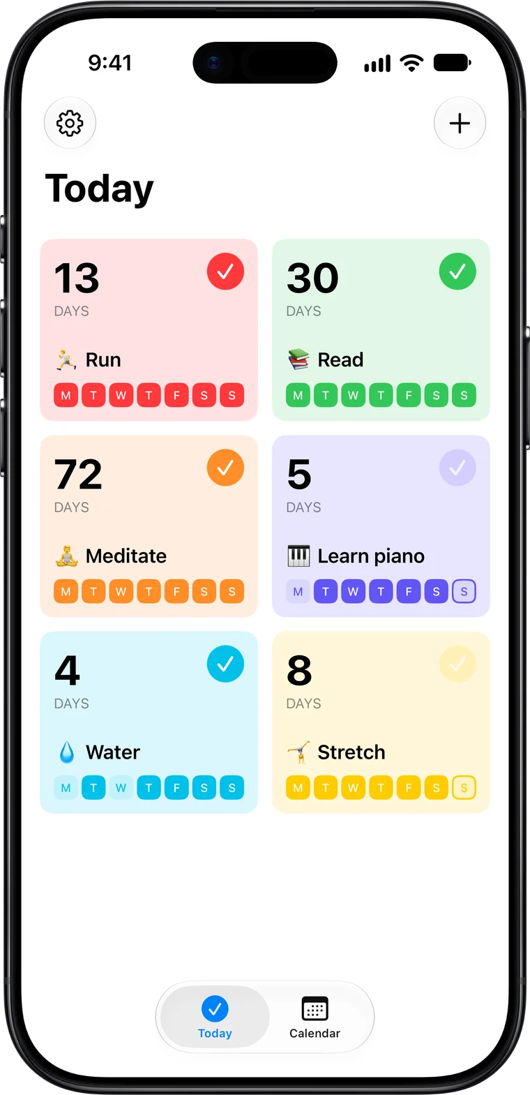 The Today screen: six habit cards, each with a day count and this week's squares.