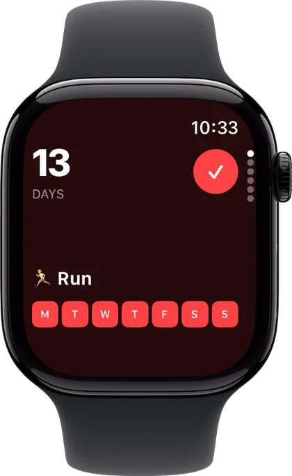 Apple Watch showing a running habit with a button to mark it done.